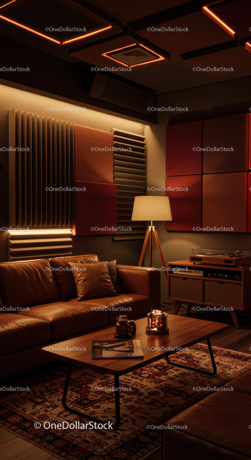 Cozy modern lounge with vintage audio equipment and warm light