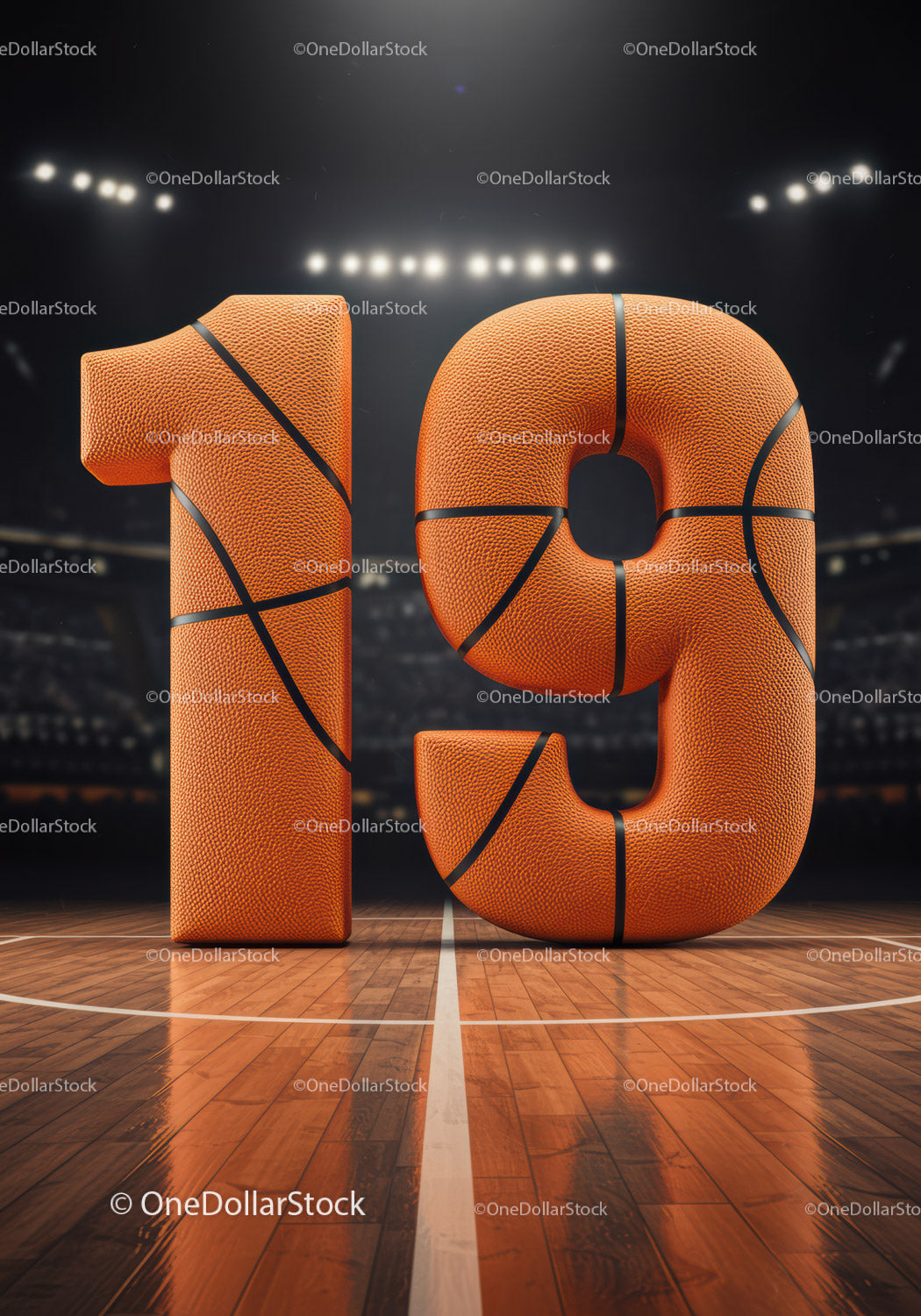 Basketball textured number nineteen on court floor
