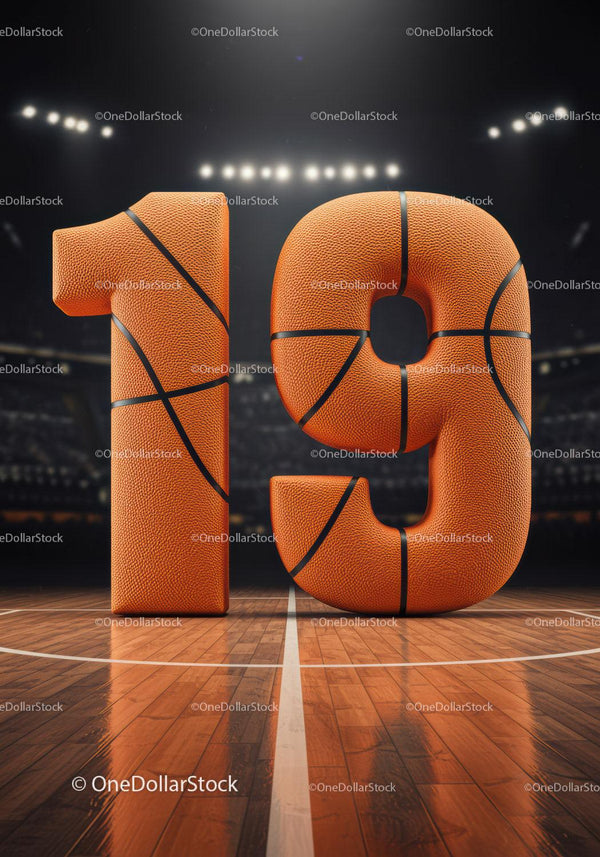 Basketball textured number nineteen on court floor