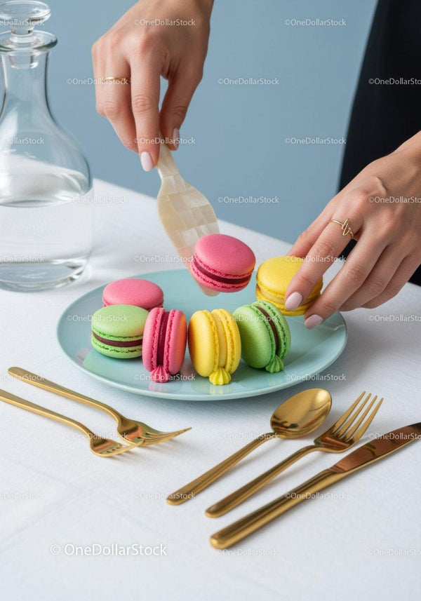 Colorful Macarons on Elegant Dessert Plate with Gold Cutlery