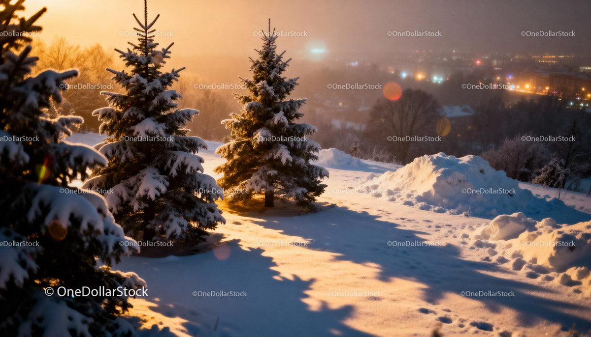 Snowy evergreen trees glowing under warm winter light