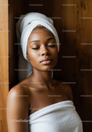 Serene Woman Relaxing During Spa Facial With Towel Wrap and Turban
