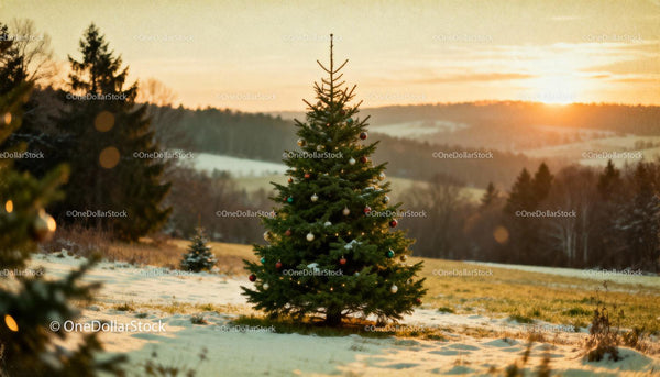 Decorated Christmas tree in snowy winter landscape at sunset
