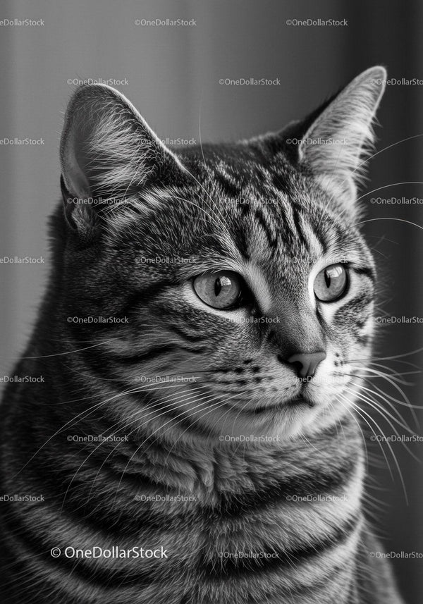 Close-up portrait of a focused tabby cat
