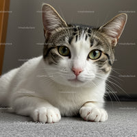 Domestic tabby and white cat resting on grey carpet