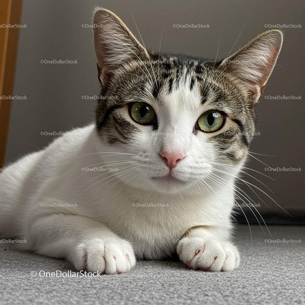 Domestic tabby and white cat resting on grey carpet