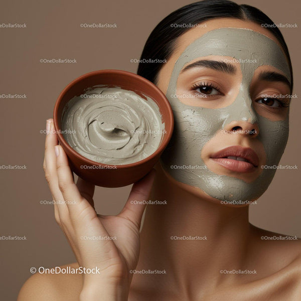 Woman with clay facial mask and bowl of facial cream in beauty spa