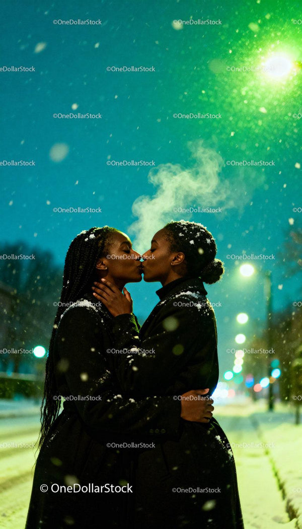 LGBTQ Couple Sharing a Warm Kiss on Snowy Evening