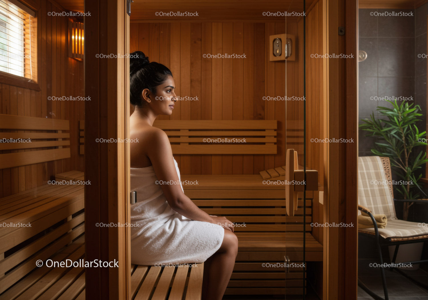 Relaxing Woman Sitting Inside Wooden Sauna With Towel Wrapped