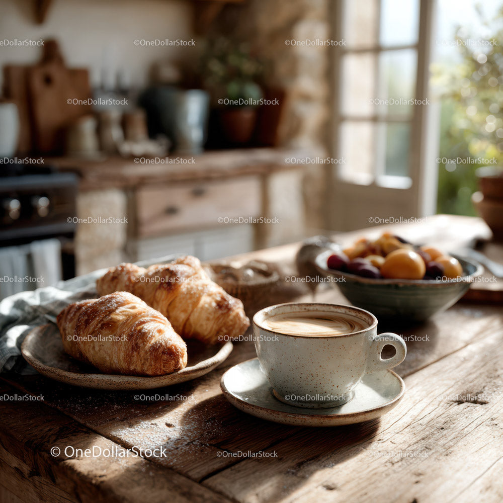 Rustic Breakfast with Croissants Coffee and Fresh Fruit