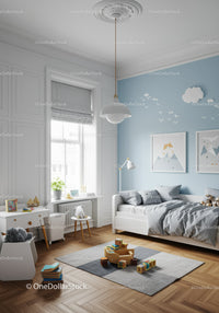 Stylish Children's Bedroom with Blue Wall and Playful Decor