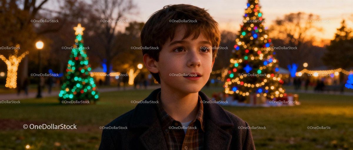 Curious boy enjoying festive Christmas lights outdoors
