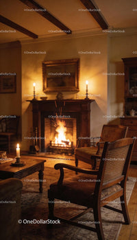 Cozy Vintage Room with Illuminated Fireplace and Antique Chairs