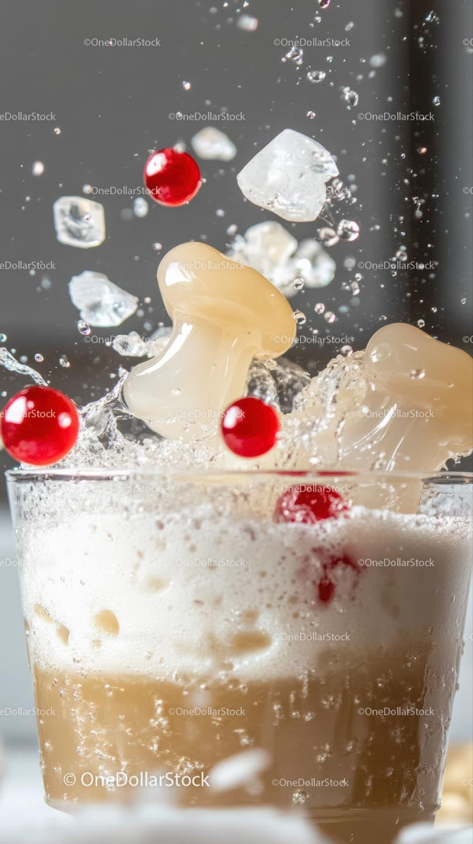 Musujące lody wiśniowe w szkle z owocami i kostkami lodu