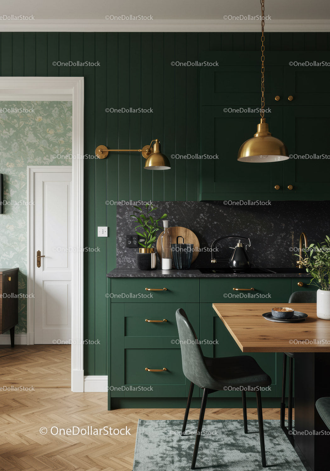 Elegant Modern Kitchen with Green Cabinets and Gold Accents