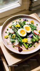 Fresh spring asparagus salad with soft boiled eggs
