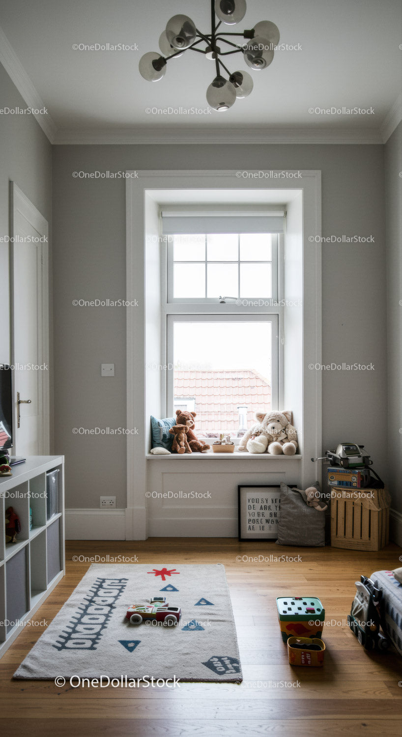 Bright Children's Bedroom with Window Seat and Playful Decor