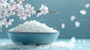 White Jasmine Flowers and Rice in Elegant Blue Bowl