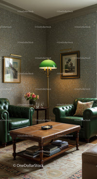 Cozy vintage living room with green leather chairs