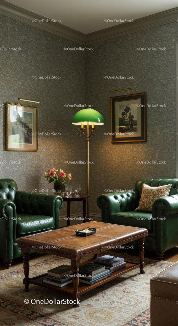 Cozy vintage living room with green leather chairs