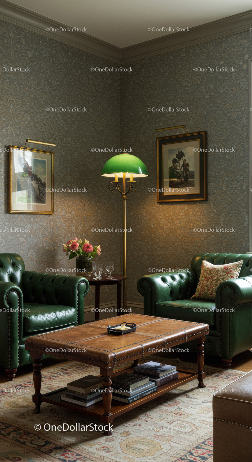 Przytulny salon w stylu vintage z zielonymi skórzanymi krzesłami