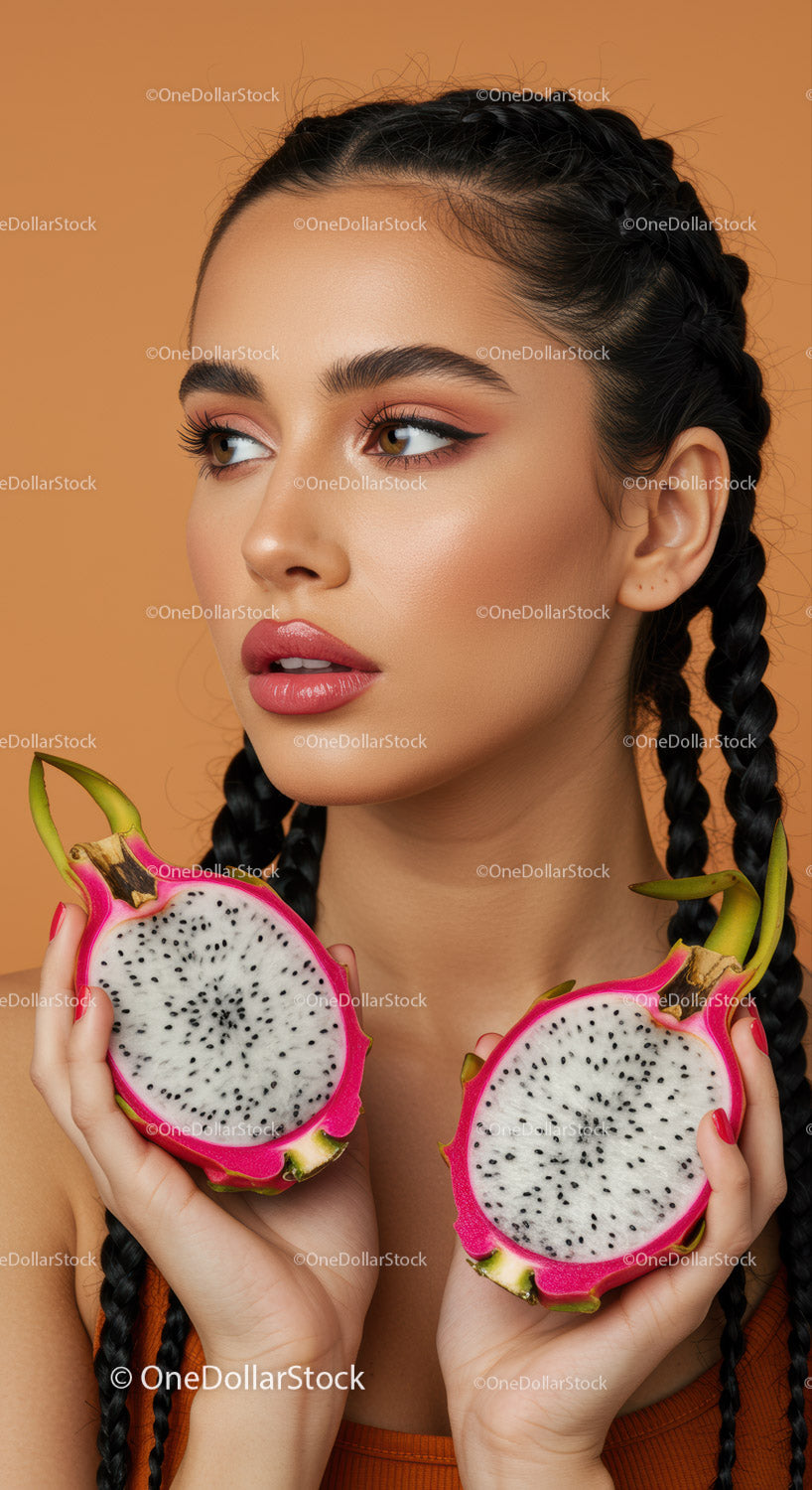 Young Woman with Dragon Fruit Against Bright Orange Background