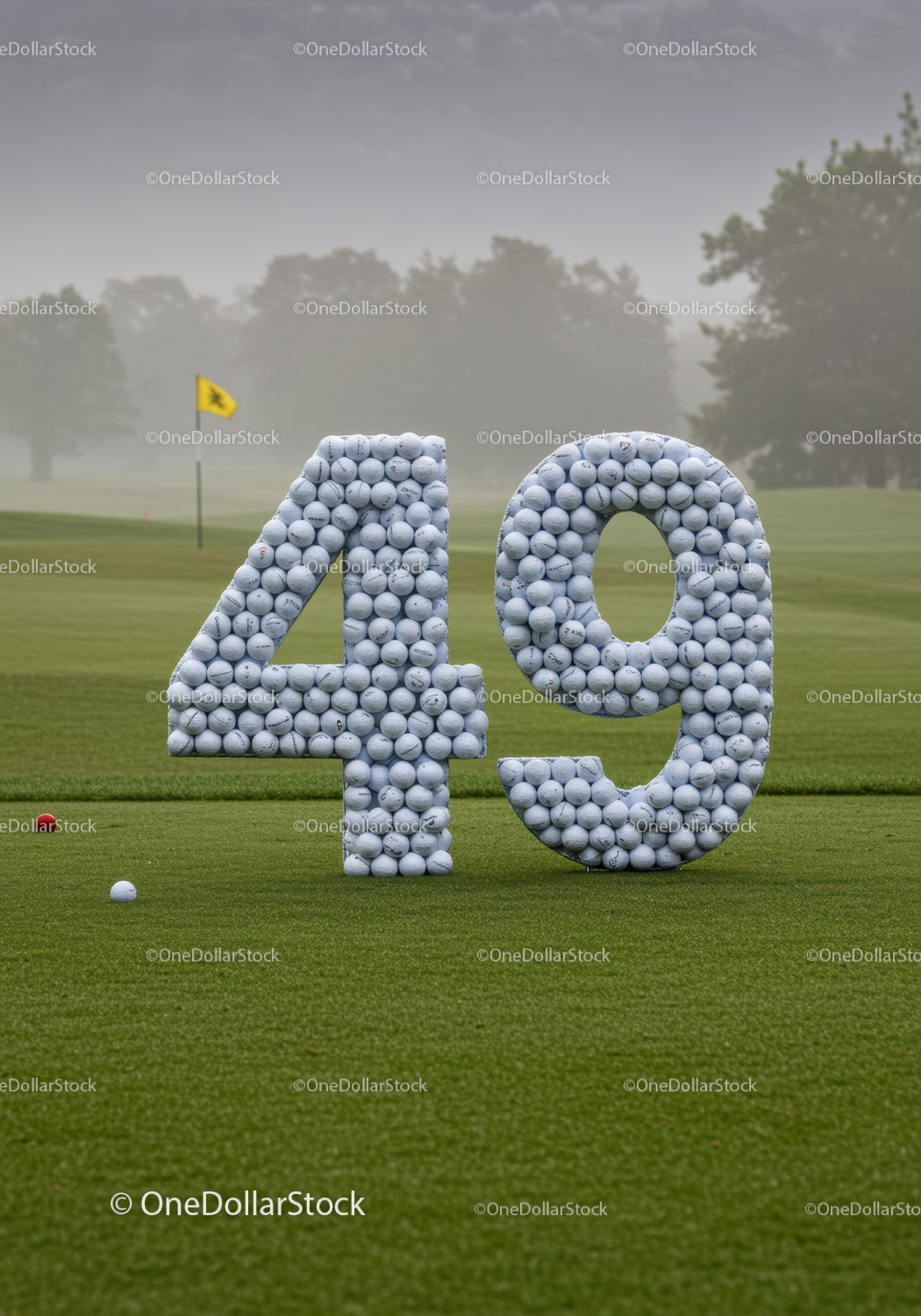 Rzeźba z piłką golfową o numerze 49 na zielonym polu