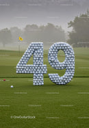 Golf ball sculpture of number 49 on green course