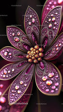 Vibrant Pink and Purple Flower with Droplets and Gold Accents