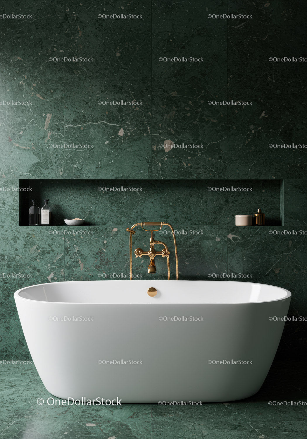 Luxurious Green Marble Bathroom with Modern Freestanding Tub and Gold Fixtures