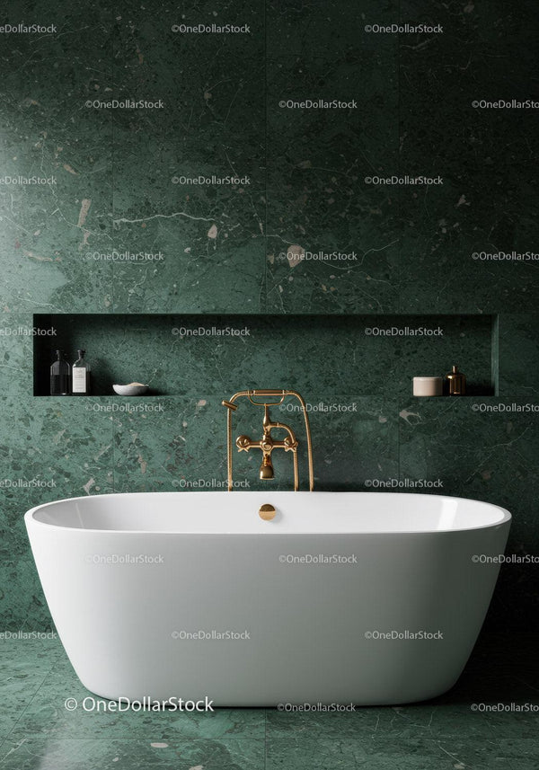 Luxurious Green Marble Bathroom with Modern Freestanding Tub and Gold Fixtures