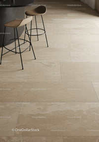 Contemporary Kitchen with Beige Tile Flooring and Stylish Bar Stools
