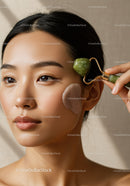 Young Woman Using Jade Roller for Facial Massage in Skincare Routine