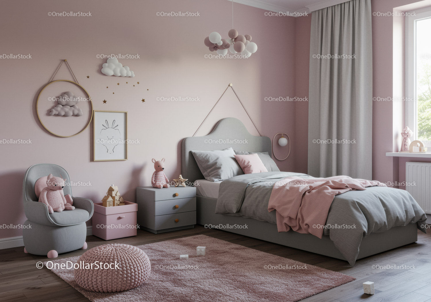 Cozy Children's Bedroom with Pink Walls and Playful Decor