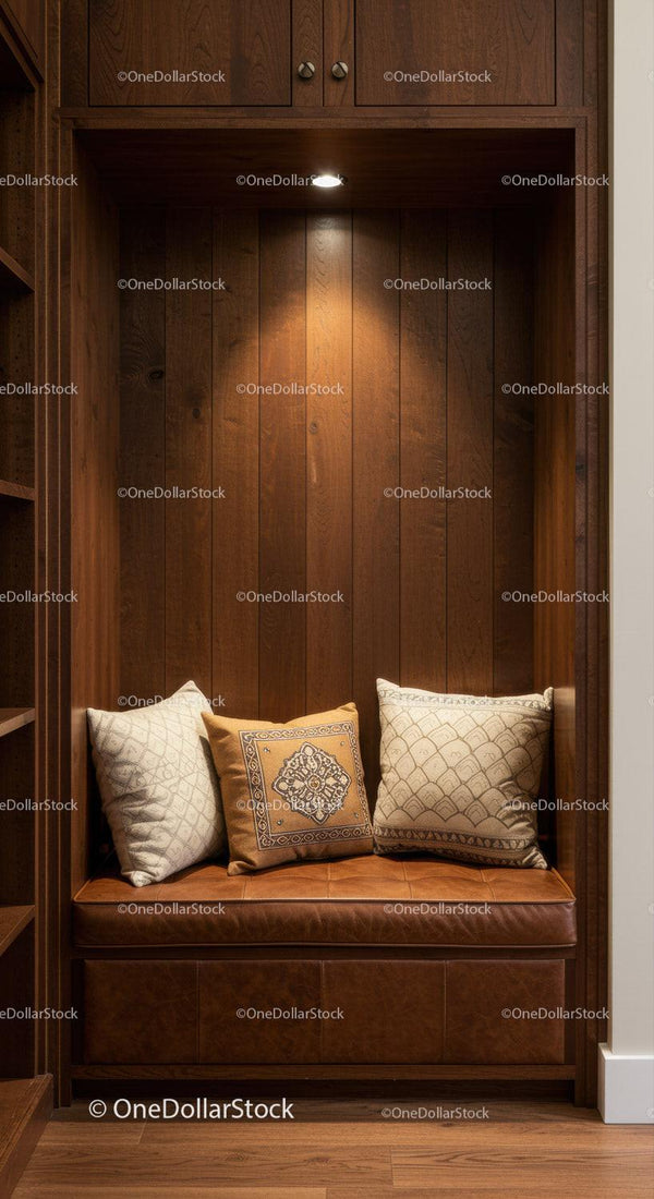 Warm Wooden Nook with Cushions and Shelves for cozy Home Interior