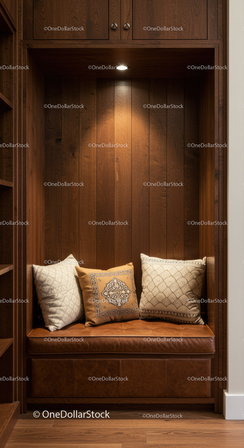 Warm Wooden Nook with Cushions and Shelves for cozy Home Interior