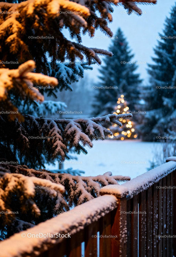 Snow-covered pine branches with glowing Christmas lights