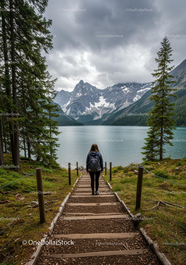 Majestic Mountain Range Overlooking Tranquil Lake with Pine Forest