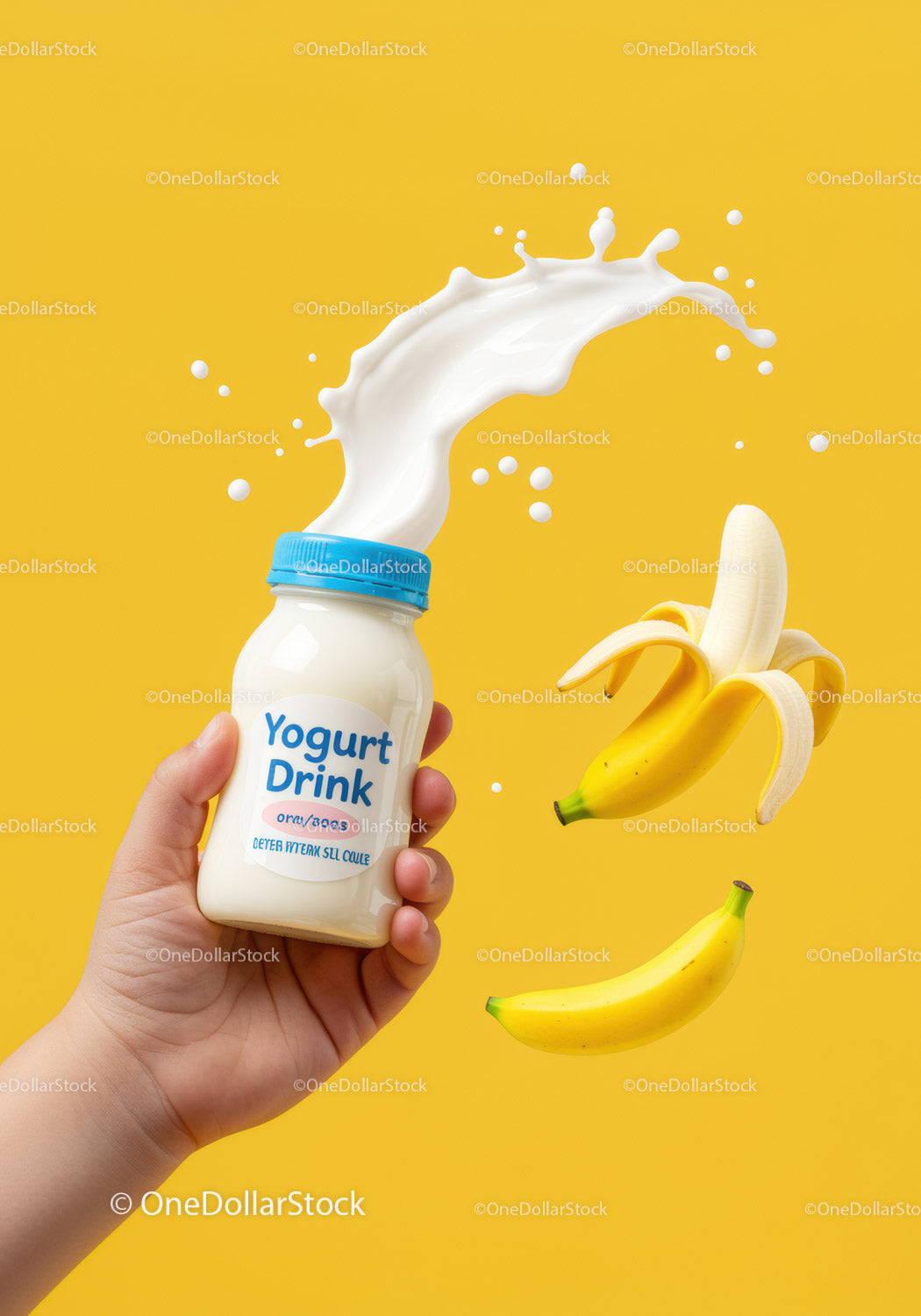 Hand Holding Yogurt Drink with Splash and Bananas