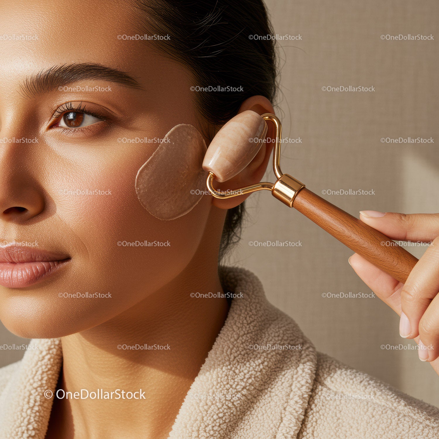 Close-Up of Woman Using Jade Facial Roller for Skin Rejuvenation