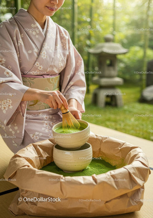 Kobieta Przygotowująca Tradycyjną Japońską Herbatę Matcha na Świeżym Powietrzu