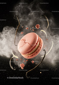 Pink Macaron Surrounded by Vanilla Pods and Powder