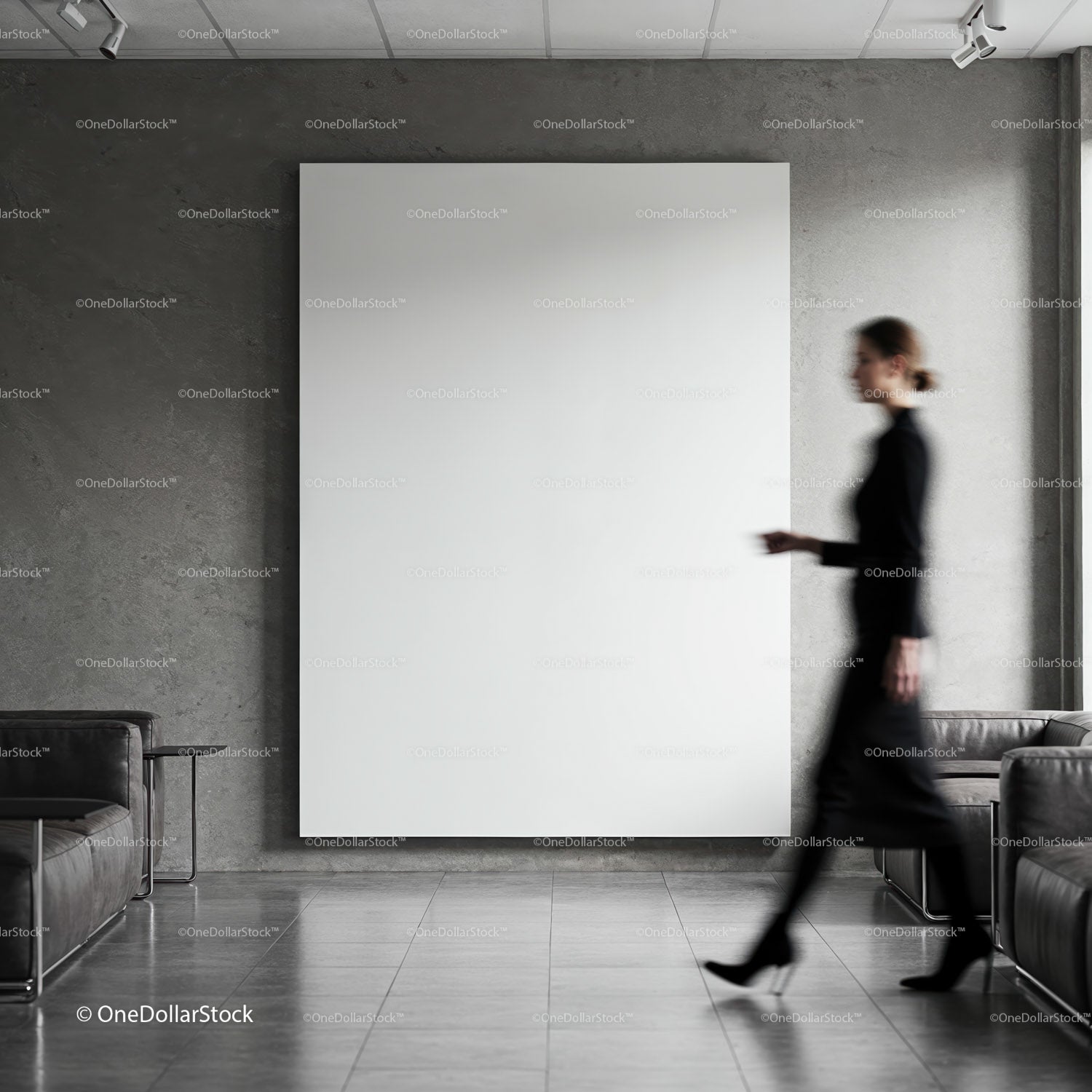 Blurred woman walking past blank minimalist canvas