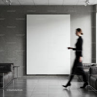Blurred woman walking past blank minimalist canvas