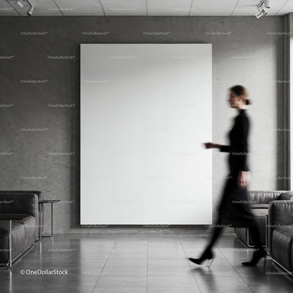 Blurred woman walking past blank minimalist canvas JPG Mockup Image