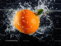 Juicy Orange Splashing into Water with Fresh Green Leaf
