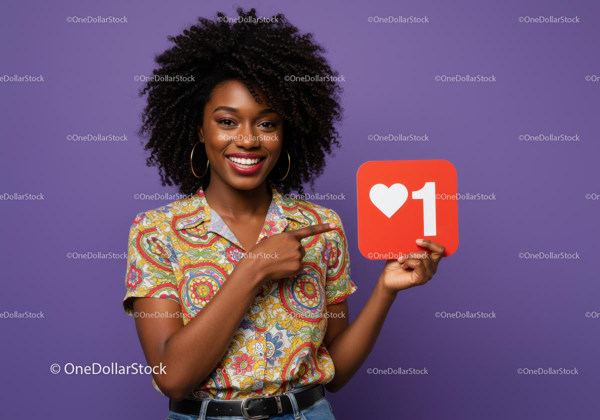 Happy Woman Holding Social Media Like Icon Over Purple Background