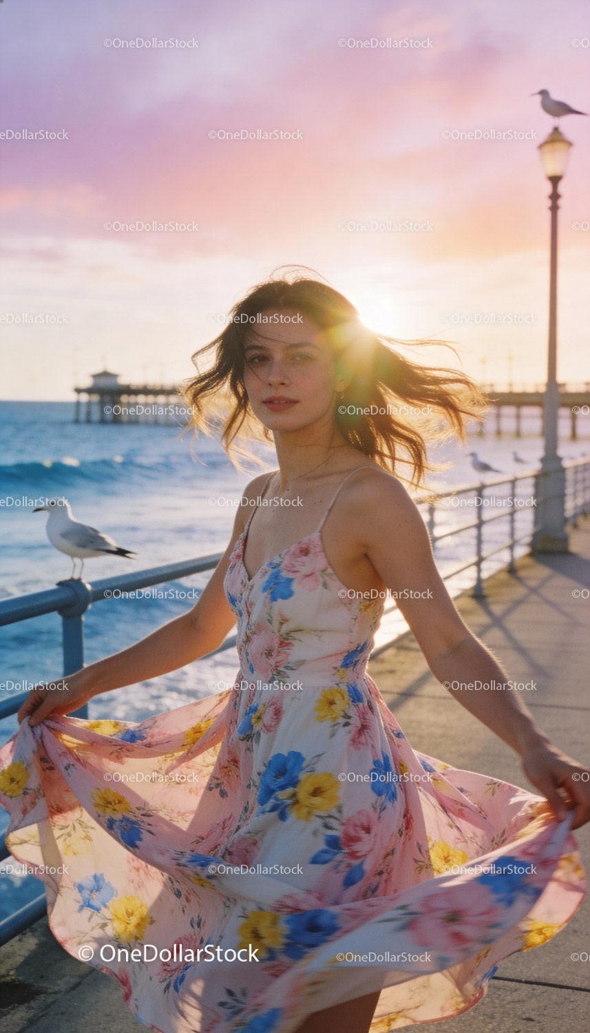 Young woman in floral dress enjoying sunset by the sea