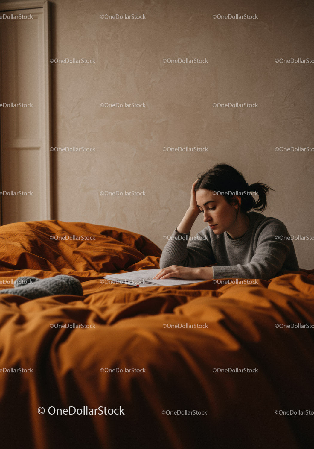 Contemplative Woman Reading Book on Bed in Cozy Bedroom