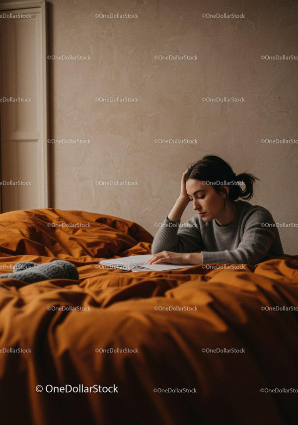 Contemplative Woman Reading Book on Bed in Cozy Bedroom